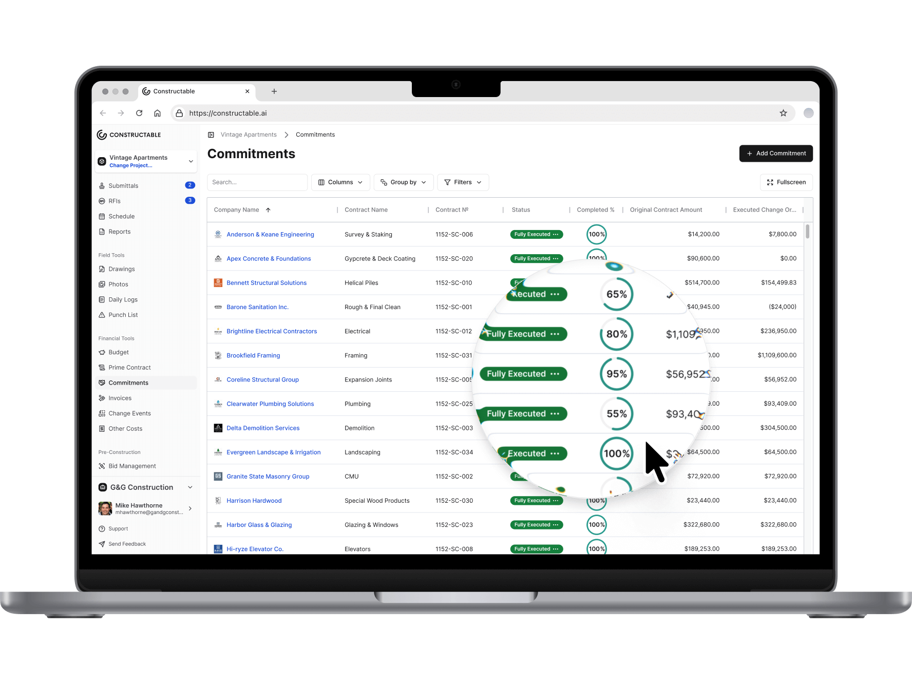 A screenshot of Constructable's financial management feature, showing a full list of all of the project's financials in a table view. The table shows the name of the financial, the amount, the due date, the status, and the assignee. The table is sorted by the due date in descending order, and the table has a search bar at the top for filtering the financials by name, amount, due date, status, and assignee.
