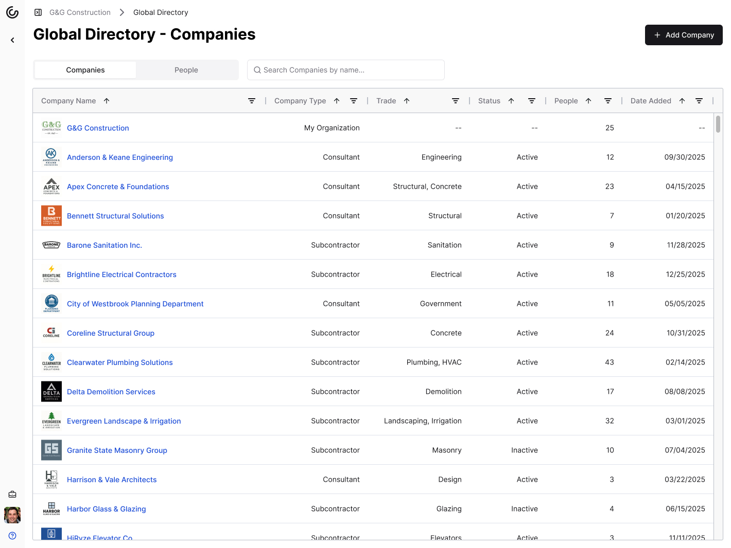 A screenshot of Constructable's directory feature, showing a full list of all of the project's subcontractors, consultants, and owners in a table view. The table shows the name of the contact, their role, their email address, their phone number, and their company name. The table is sorted by the contact's name in descending order, and the table has a search bar at the top for filtering the contacts by name, role, email, phone number, and company name.
