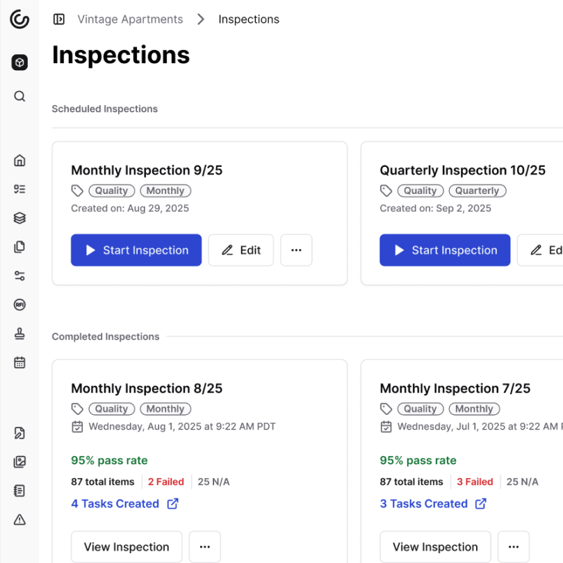 A screenshot of Constructable's Inspections feature, showing a card view of all of the project's past, present, and upcoming inspections. Each card shows the inspection name, status, relevant tags, and the date it occured, or if it hasn't happened yet, the date itwas created. Completed inspections also show the pass rate of all items, the total number of items inspected, the number of items that passed or failed, and any tasks or action items that were created as a result of the inspection. Users can quickly navigate to the inspection's details by clicking the 'view inspection' button on the card, and can also add or edit inspections as needed.
