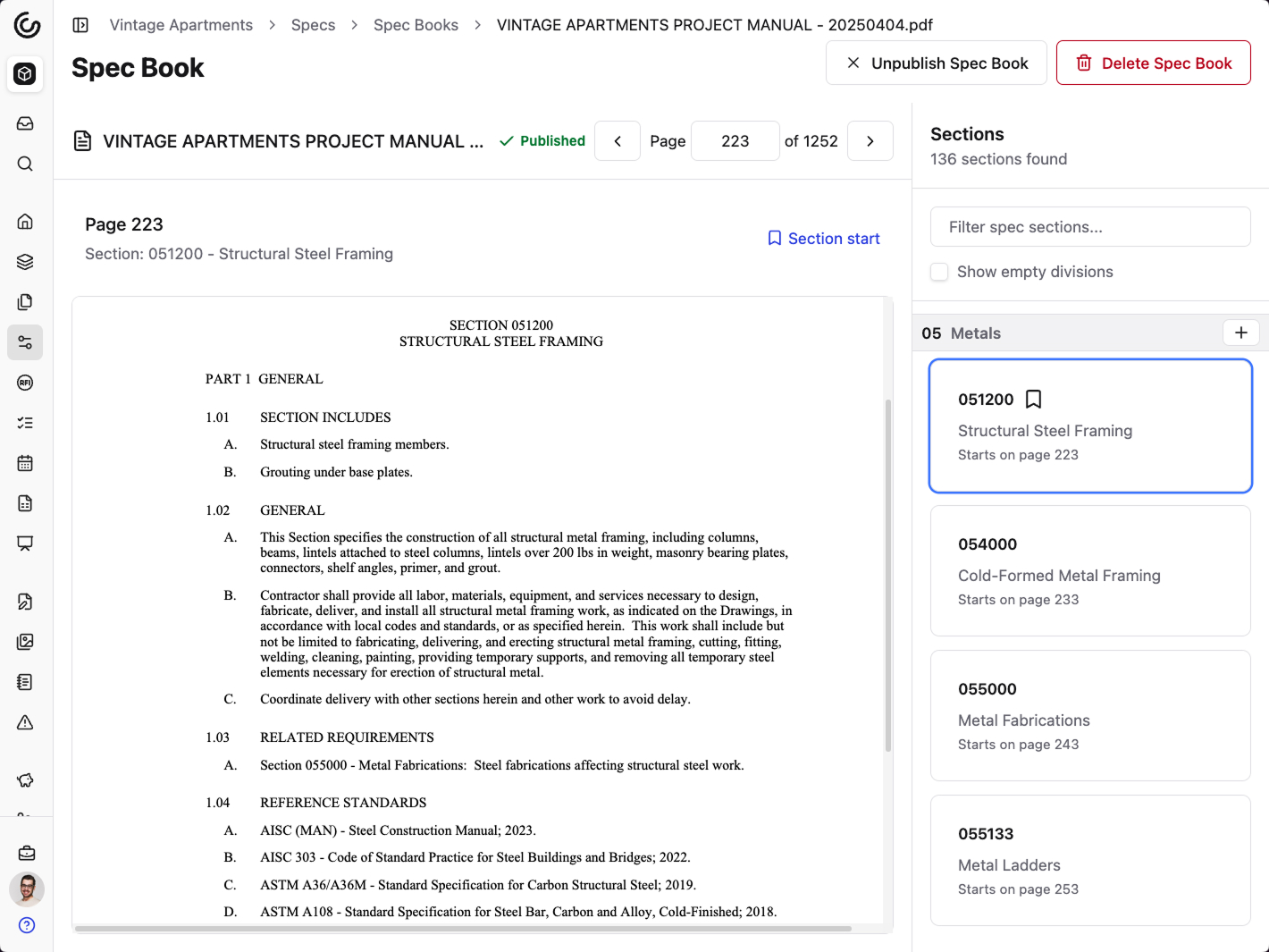 A screenshot of Constructable's Specs (Specifications) feature, showing a table of contents of all of the project's specifications organized by CSI MasterFormat divisions and sections. The screenshot shows the first page from the original project spec book for structural steel framing specifications. The page has a search bar at the top for filtering the specifications by name, division, section, making it easy for users to navigate to the exact specification they are looking for.